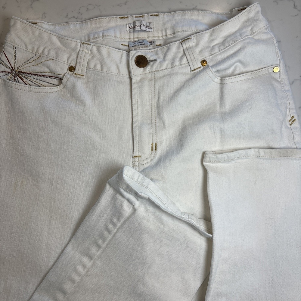 Monroe & Main Jeans Embroidered Starburst Stretch White Denim Hippie Boho SZ 12